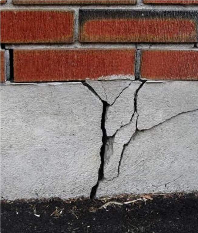 Large vertical crack in concrete foundation below brick wall