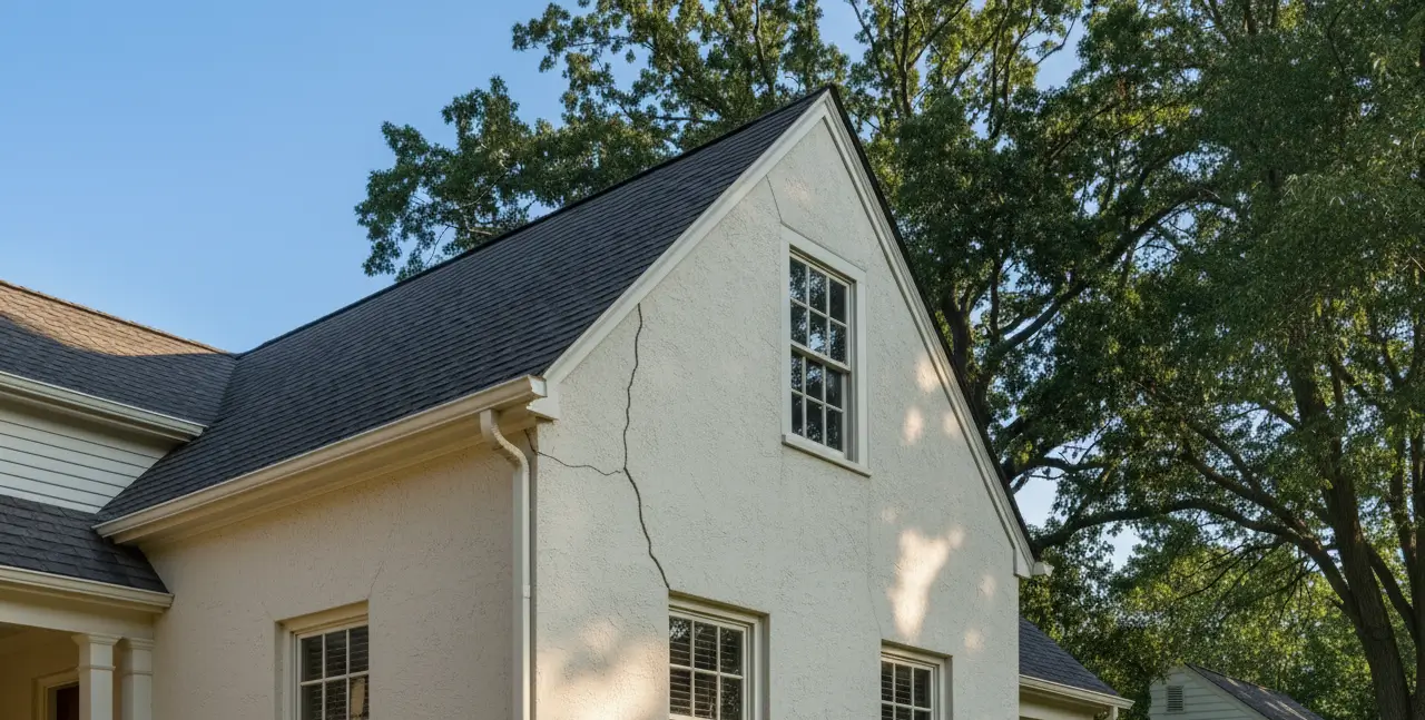 Home with long vertical stucco crack running from roofline to window